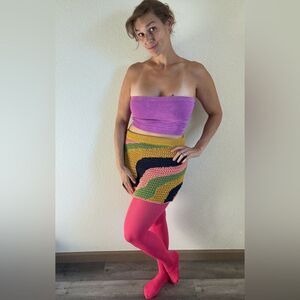 Free People Crochet Skirt Mustard Yellow Navy Green Dusty Pink